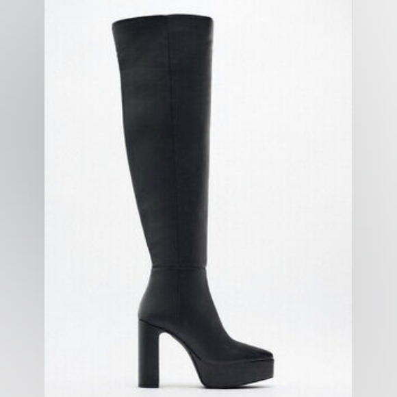 Zara Black Leather Over-the-knee Platform Boots - Picture 3 of 3
